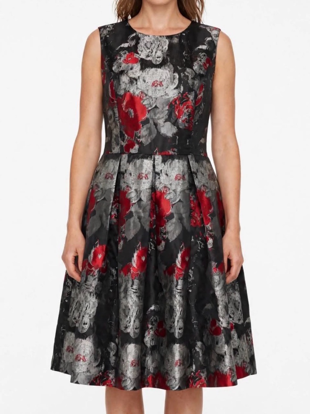I.N. Studio L Women's 14 Black Red Floral Metallic Sleeveless Cocktail Dress EUC